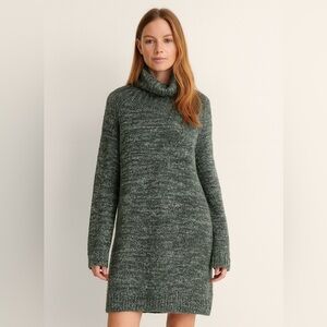 ZARA Knit Funnel Neck Sweater Dress Tunic L Gray Marled Long Sleeve Cozy Warm